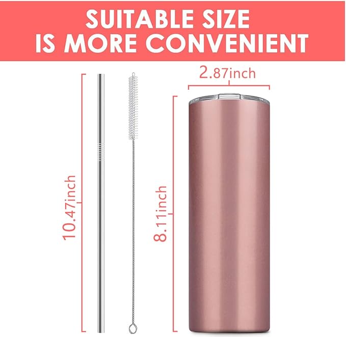 6 Pack Stainless Steel Skinny Tumbler, 20 OZ Double-Insulated Water Tumbler Cup with 6 Straw and 3 Brush, Vacuum Travel Mug Gift for Hot Cold Drinks with Cleaning(Black)
