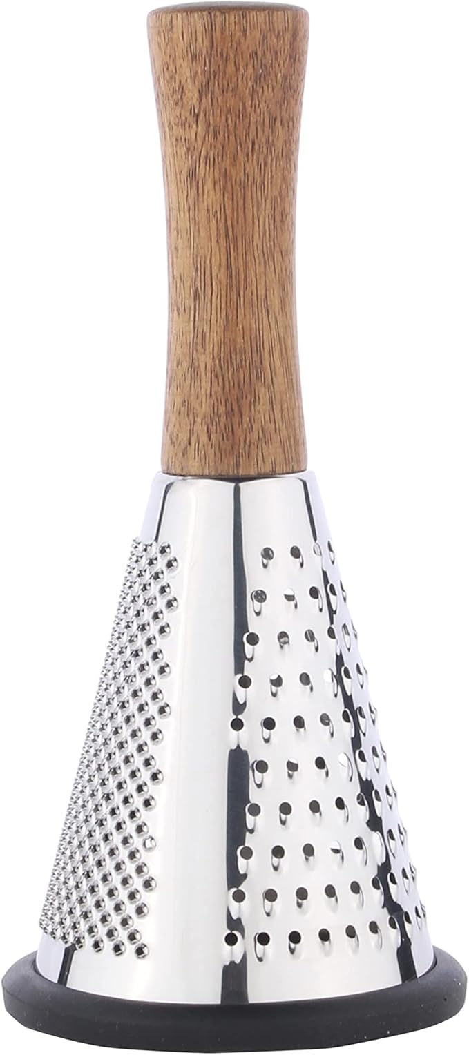 Cone Cheese Grater with Handle - Stainless Steel Triple Function Wood Handle Parmesan Shaver Non-Slip Rubber Bottom Hand Held Multifunction Vegetables Cheese Grater with container(S: 7.7" X 3.5")