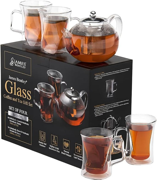 40 Oz Unique Glass teapot Set with 4 double wall insulated Cups, Tea Kettles for Stovetop With Infusers For Loose Tea, Perfect Mom Gift
