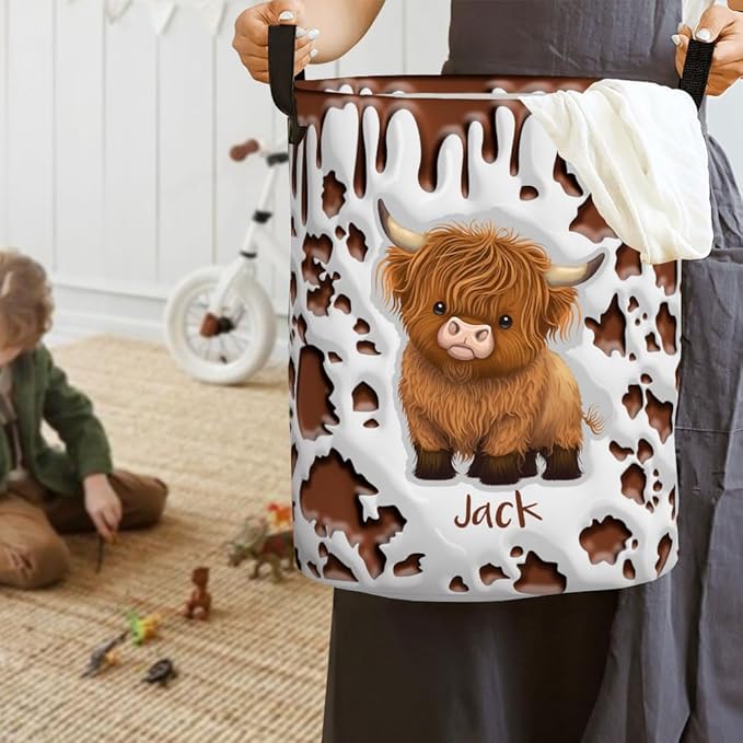 callie Personalized Highland Cow Laundry Basket for Kids, Waterproof Collapsible Laundry Hamper, Clothes Toys Storage Bin for Bedroom Nursery (13.8" x 16.5", 15.7" x 19.6")
