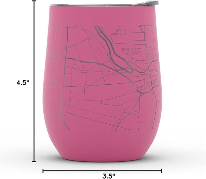 Well Told Engraved Columbus Ohio Map Insulated Wine Tumbler, Etched Stainless Steel Cup (12 oz, Sunset Pink) City Map Insulated Tumbler, Custom Insulated Tumbler, Outdoor Drinkware