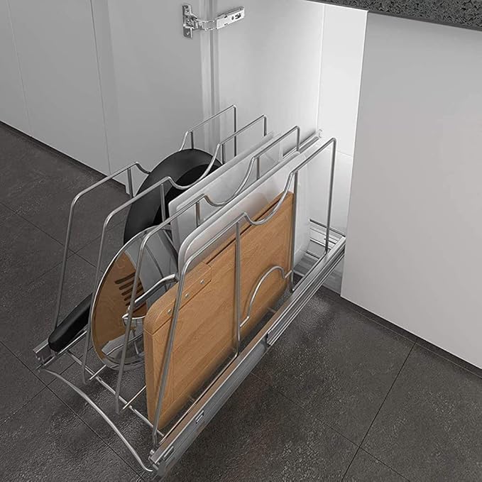 Pull Out Cookie Sheet Organizer for Cabinet, Pan and Pot Rack, Cutting Board Organizer Rack, Baking Tray Organizer for Cabinet, Adjustable Divider Width, 11" W x 22" D x 11.8" H, Chrome