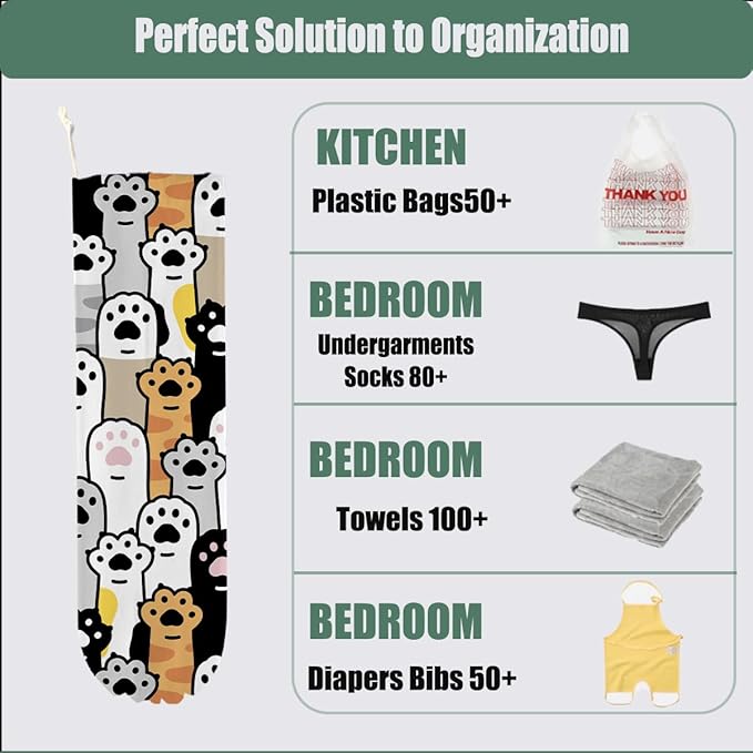 Cat Paws Grocery Bag Holder, Wall Mount Plastic Bag Holders for Grocery Bags, Reusable Washable Grocery Bags Storage Dispenser for Home Kitchen Pantry Decor, Cute Cat Paws Gifts for Women Mom