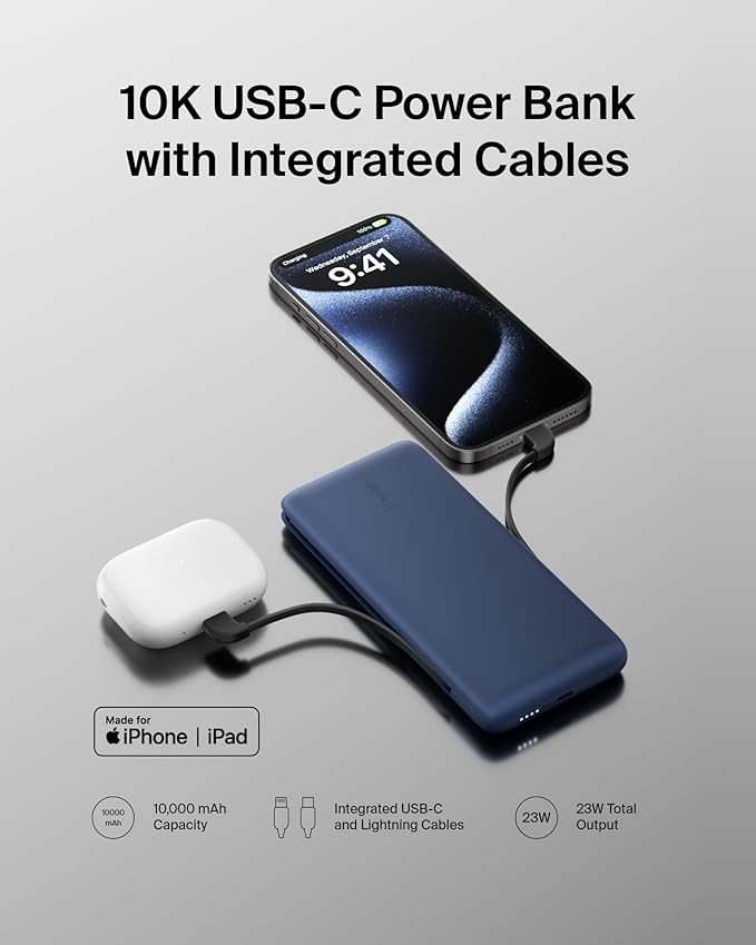 Belkin Portable Charger Power Bank for iPhone/Android - 10,000mAh, 23W Battery Pack for Phone with Integrated USB-C, Lightning Cables - Pass-Through Capability, Charge 2 Devices at Once