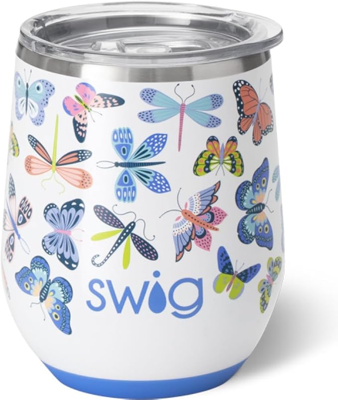 Swig Life 12oz Wine Tumbler with Lid, Stainless Steel, Dishwasher Safe, Portable, Triple Insulated Wine Tumbler (Butterfly Bliss)