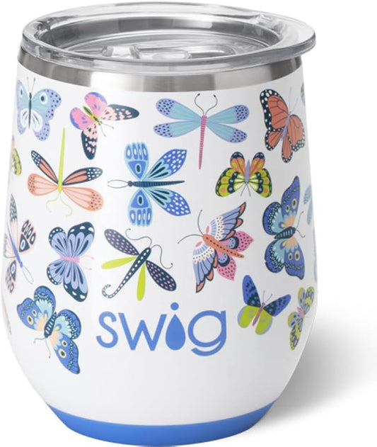 Swig Life 12oz Wine Tumbler with Lid, Stainless Steel, Dishwasher Safe, Portable, Triple Insulated Wine Tumbler (Butterfly Bliss)