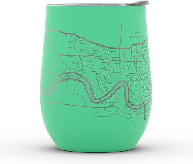 Well Told Engraved New Orleans Louisiana Map Insulated Wine Tumbler, Etched Stainless Steel Cup (12 oz, Sunday Green) City Map Insulated Tumbler, Custom Insulated Tumbler, Outdoor Drinkware
