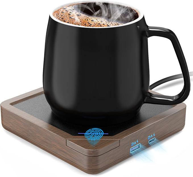 Coffee Mug Warmer Set: Coffee Warmer for Desk Auto Shut Off Candle Warmer Plate Coffee Cup Warmer Heated Coffee Mug for Coffee,Tea, Milk Up to 131°F/55°C, Wood Grain with Black Mug