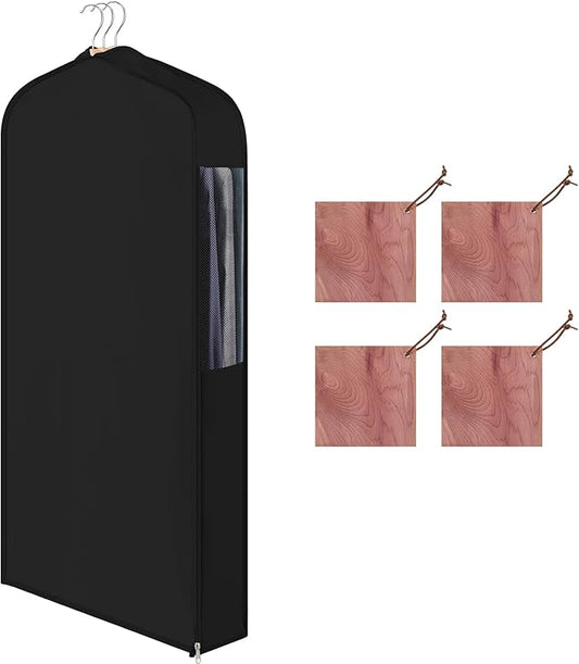 40" Cotton Garment Bag for Hanging and Storage Clothes with 4 Cedar Blocks for Fresh Smell and Moth Protection, Breathable Hanging Storage Bag for Suit Sweater Gown Fur Coat, 6'' Wide, Black