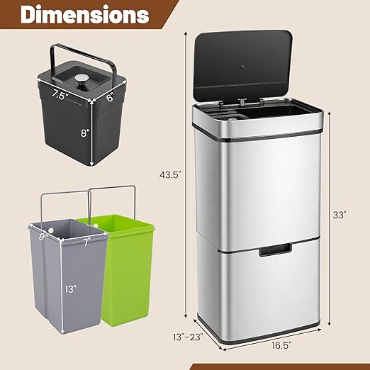 Goplus 19 Gal Stainless Steel Trash Can, 72 L Volume in 4 Containers, Motion Sensor Trash Bin w/Kitchen Waste Bin & 2 Bottom Recycling Bins, Touchless Garbage Can w/Soft Close Lid, Battery Operated
