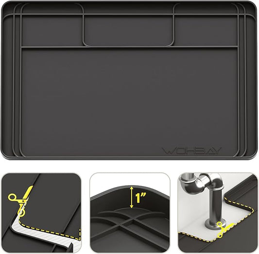 Under Sink Mats for Kitchen Waterproof, Cut to Fit Under Sink Drip Tray for Kitchen Bathroom Cabinets, Silicone Sink Liner Hold Up to 3.3 Gallons Liquid, 34" X 22" Or Smaller (Black, Large)