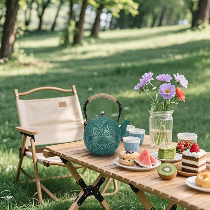 Enameled Cast Iron Teapot 34oz（1000ml） - Japanese Style Kettle with Removable Stainless Infuser & Ergonomic Handle, Stovetop Safe for Loose Leaf Tea Green and silver (Green and silver)
