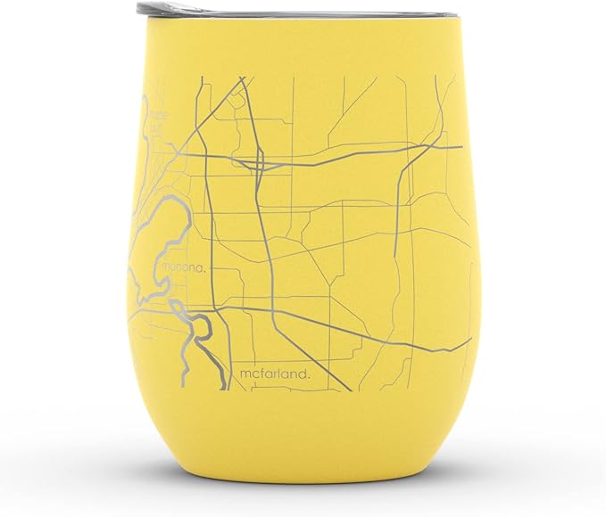 Well Told Engraved Madison Wisconsin Map Insulated Wine Tumbler, Etched Stainless Steel Cup (12 oz, Sunrise Yellow) City Map Insulated Tumbler, Custom Insulated Tumbler, Outdoor Drinkware