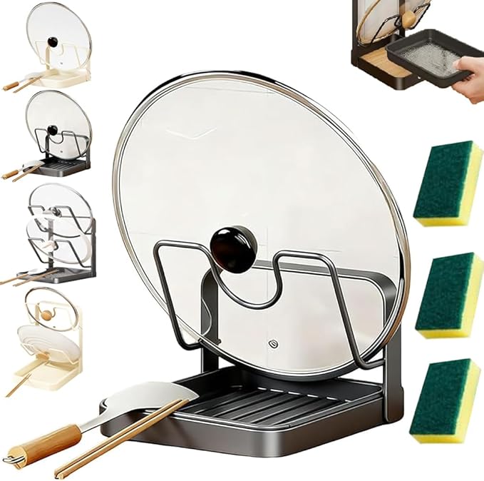 Kitchen Pot Lid Storage Rack - Pot Lid Organizer Rack,Pot Lid Holder While Cooking,Spoon Rest with Lid Holder&Drip Tray,Multifunctional Kitchen Organizer Stand for Stove Top (Black, Single)