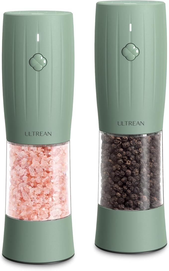 Ultrean Salt and Pepper Grinder Set, Rechargeable Automatic Pepper Mill Shakers, 6 Adjustable Coarseness, LED Light, Kitchen Gadget, Christmas Gifts, Black & White