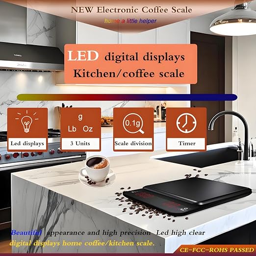 Portable Mini Digital Coffee Scale Electronic Kitchen Scale with Timer Function and Led red Letter high Clear Display Screen,3.0Kg Max D0.1g Dual Power Dry Battery or Rechargeable.Black
