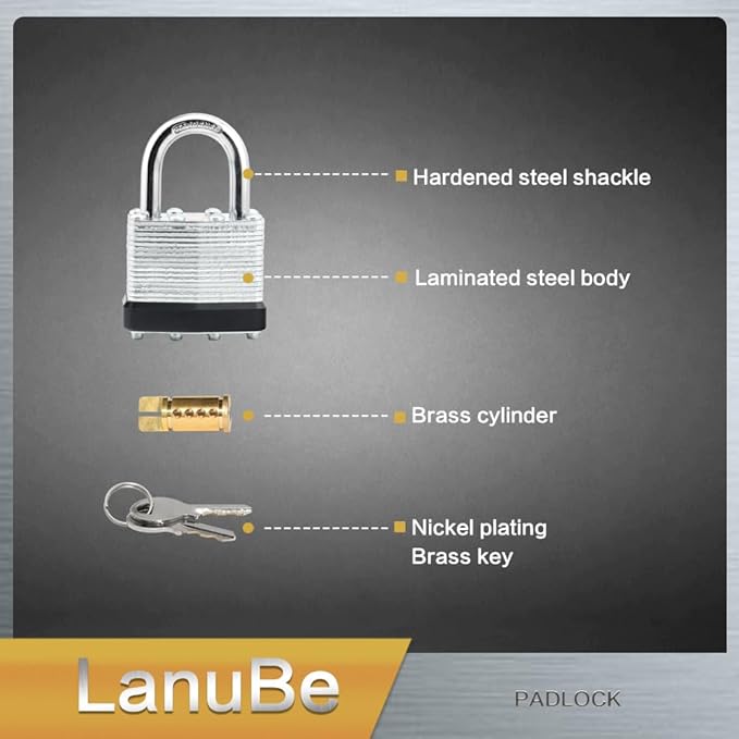 LanuBe Lock Laminated keyed Padlock (1-9/16", 40mm), keyed Alike Locks, Normal Shackle,Marked Black Plastic Hoop, Pack of 100