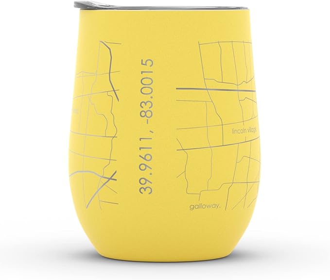 Well Told Engraved Columbus Ohio Map Insulated Wine Tumbler, Etched Stainless Steel Cup (12 oz, Sunrise Yellow) City Map Insulated Tumbler, Custom Insulated Tumbler, Outdoor Drinkware