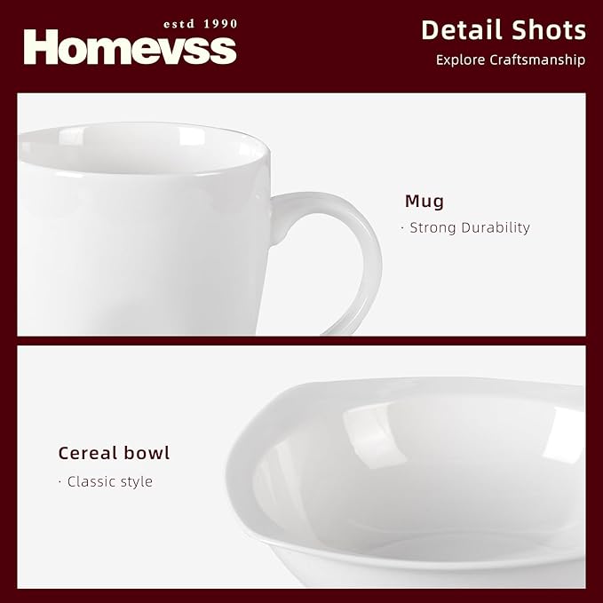 HomeVss, New Bone China Embossed Dinnerware Set, Coupe Square Shape, 16pc Set