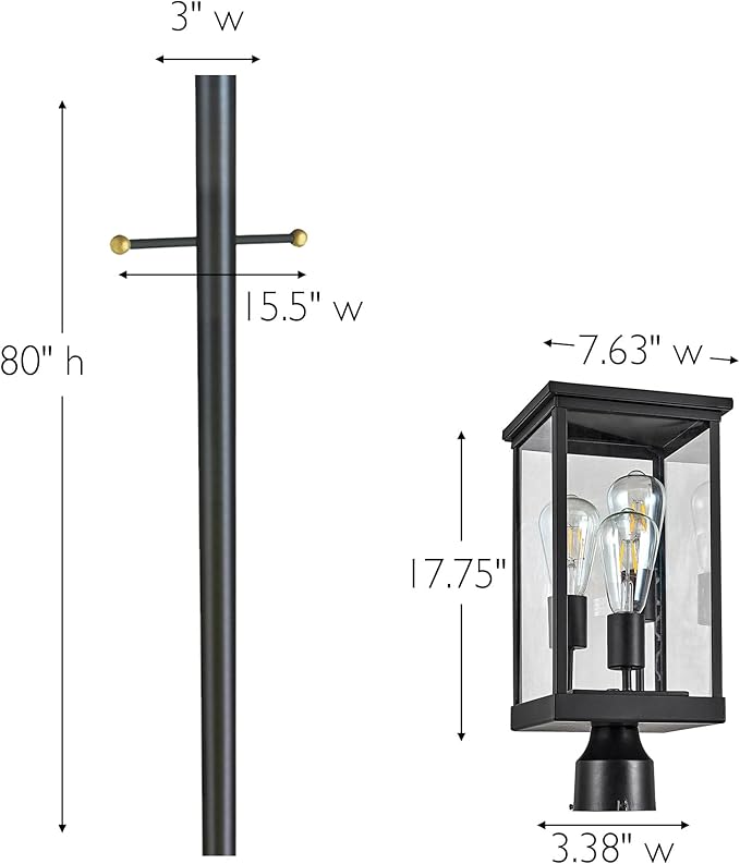 Design House Mayfield Post Light, Includes Lamp Post, 3-Light, Clear Glass, Weather Resistant, Matte Black, 7.63 in x 7.63 in x 97.75 in, 587584