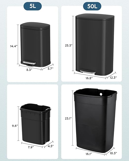Arlopu 13.2+1.3 Gallon Step Trash Can, Stainless Steel Garbage Bin, Soft-Close Rubbish Bin with Removable Plastic Inner Bucket, Fingerprint-Proof, Lid Dustbin, for Kitchen Home (Black)