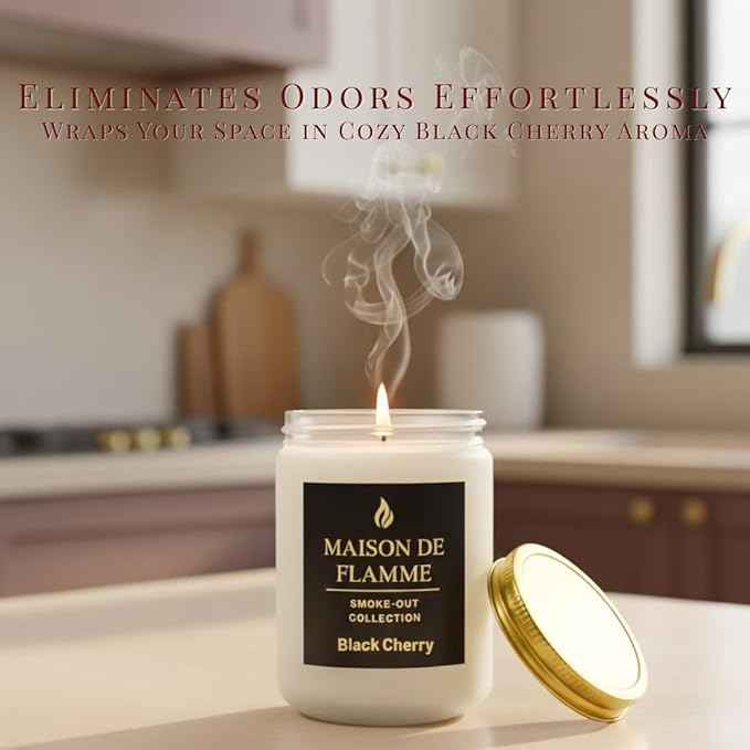 Black Cherry Odor-Eliminating Scented Candle, 200g/7oz White Jar – Long-Lasting Soy Wax Blend Candle for Smoke, Kitchen & Home Odors