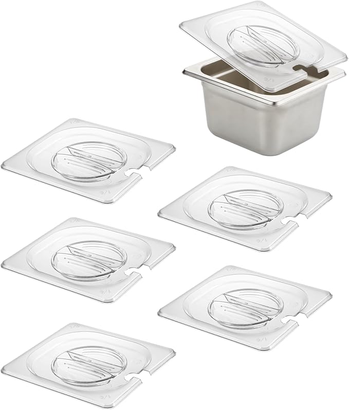 HECMAC 6-Pack 1/6 Size Slotted Hotel Pan Clear Cover, Only for Stainless Steel Food Pan, Polycarbonate