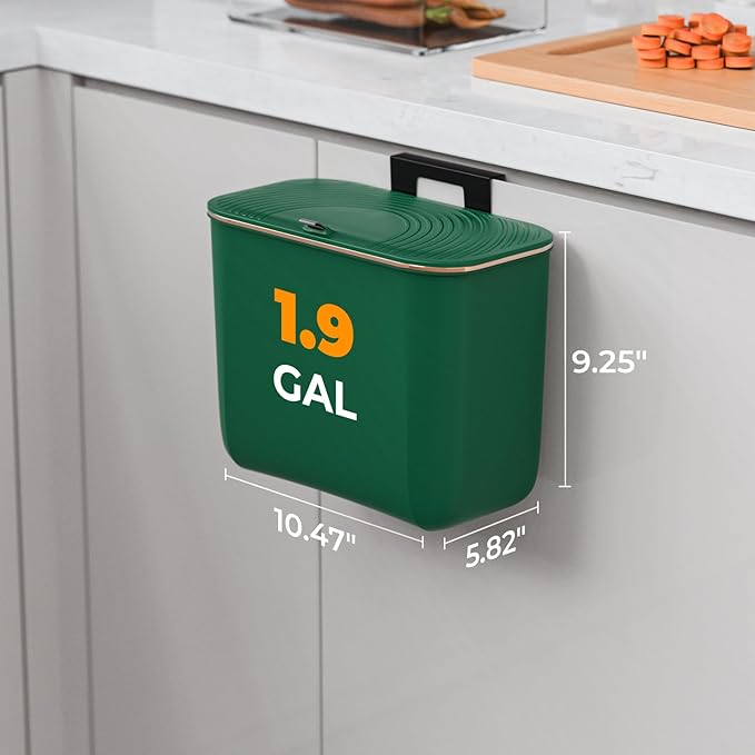 1.9 Gallon Hanging Trash Can - Small Under Sink Trash Can with Lid, Wall Mounted Compost Bin for Kitchen Cupboard Countertop, Odor-Control, Extended Clamping Ring, PET Material, Green