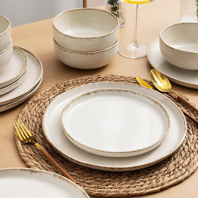 AmorArc Ceramic Dinnerware Sets, Wavy Rim Stoneware Plates and Bowls Sets, Highly Chip and Crack Resistant | Dishwasher & Microwave Dishes set, Service for 4 (12pc)-Speckled Cappuccino White
