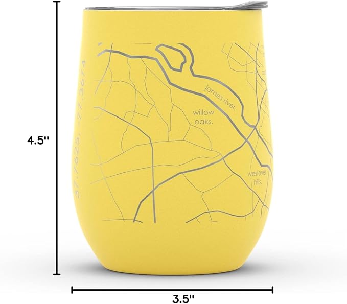 Well Told Engraved Richmond Virginia Map Insulated Wine Tumbler, Etched Stainless Steel Cup (12 oz, Sunrise Yellow) City Map Insulated Tumbler, Custom Insulated Tumbler, Outdoor Drinkware