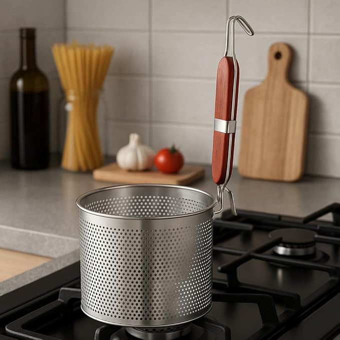Mesh Pasta Basket Food Strainer Insert For Pot, Colander with Round Wooden Handle Stainless Steel Mesh Spider Strainer for Pasta Noodles Dumpling Vegetable