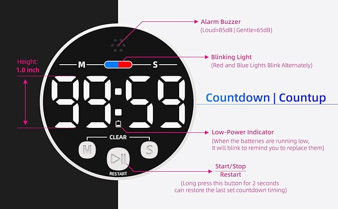 Large LED Digital Timer, Magnetic Countdown Loud Timer for Kitchen Cooking, Classroom Whiteboard, Kids, Toddler, Game, Productivity, Focus, Work, Task, Office, Meeting – Small, Simple, Visual, White