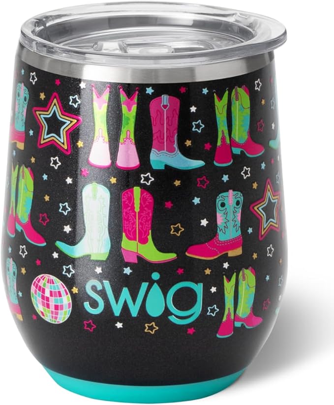 Swig Life 12oz Wine Tumbler with Lid, Stainless Steel, Dishwasher Safe, Portable, Triple Insulated Wine Tumbler (Disco Cowgirl)