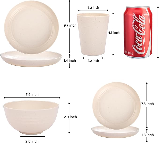 LIYH 16 Pcs Beige Wheat Straw Dinnerware Sets - Unbreakable Dinner Cream Plates,for 4 Plates and Bowls Set, Plastic Dinnerware Set Wheat Straw Bowls Cups Dish for 4 for Kitchen & Camping