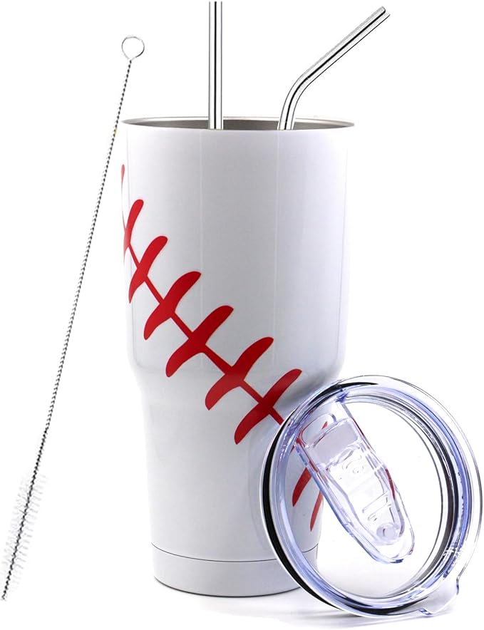 FMYWZS 30 oz Baseball Tumbler, Double Wall Vacuum Insulated Stainless Steel Cup Travel Mug with Lid and Straw, Baseball Accessories Stuff Gifts for Mom Men Boys Girls