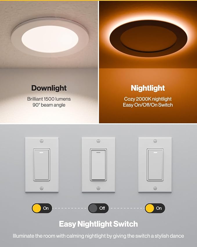 Sunco 6 Pack 6 Inch LED Recessed Light with Night Light, Slim Ceiling Lighting, 1500 Lumens, 15W (110W Equivalent), Selectable CCT 2700K/3000K/4000K/5000K/6000K, Dimmable, Canless with Junction Box.
