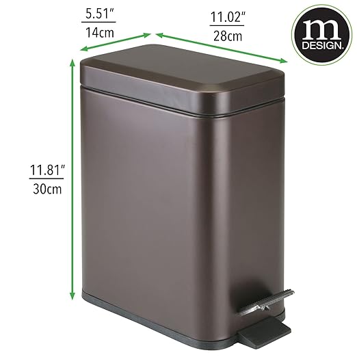 mDesign Metal Freestanding Slim Toilet Bowl Brush and Holder + Rectangle Narrow 5 Liter / 1.3 Gallon Step Pedal Trash Can Wastebasket for Bathroom - Small, Compact Design - Set of 2 - Bronze