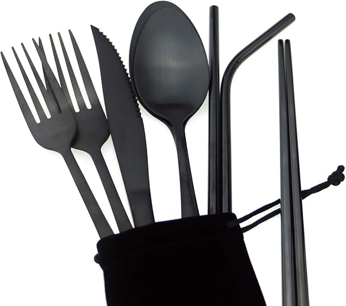 Black Reusable Utensils with Case Camping Travel Silverware Set,Portable Stainless Steel Cutlery Set - Matte Flatware Set Knife Fork Spoon Mirror Straws Chopsticks - for Office Lunch, Hiking, School