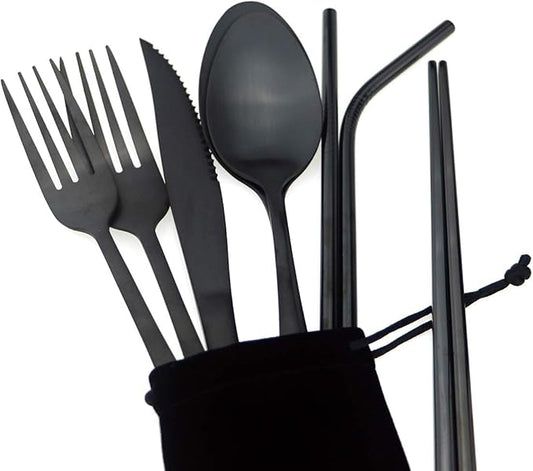Black Reusable Utensils with Case Camping Travel Silverware Set,Portable Stainless Steel Cutlery Set - Matte Flatware Set Knife Fork Spoon Mirror Straws Chopsticks - for Office Lunch, Hiking, School