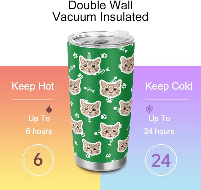 FunStudio Personalized Cat Face Tumbler with Pictures Kitty Pet Paw Custom Tumblers Coffee Travel Mug Cup Gift for Men Women, 20 Oz Insulated Stainless Steel