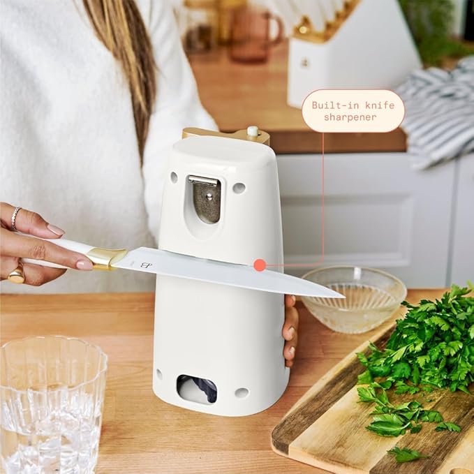 Beautiful Electric Can Opener with Auto-Turn, Magnetic Lid Holder, Knife Sharpener, Bottle Opener, Removable Lever, Cord Storage, No-Tilt Base, Stainless Steel Blade, 70W (White Icing)