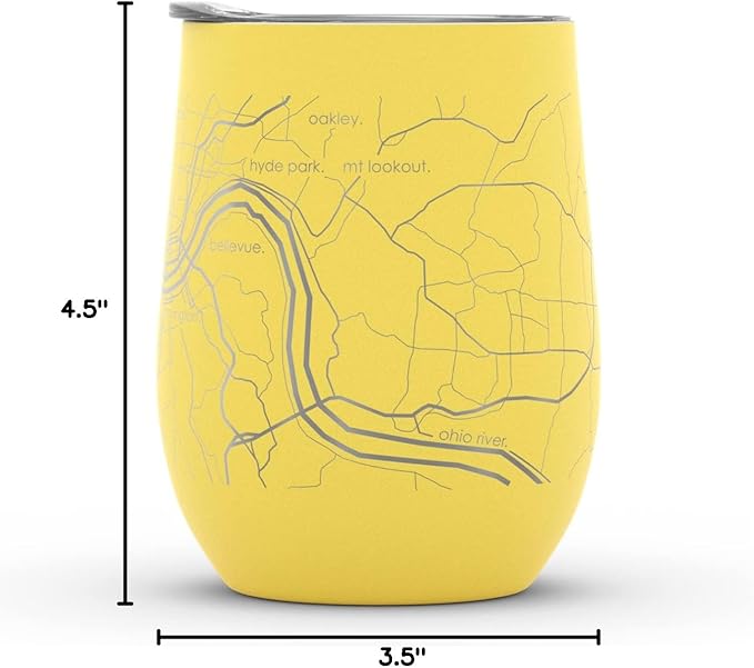 Well Told Engraved Cincinnati Ohio Map Insulated Wine Tumbler, Etched Stainless Steel Cup (12 oz, Sunrise Yellow) City Map Insulated Tumbler, Custom Insulated Tumbler, Outdoor Drinkware