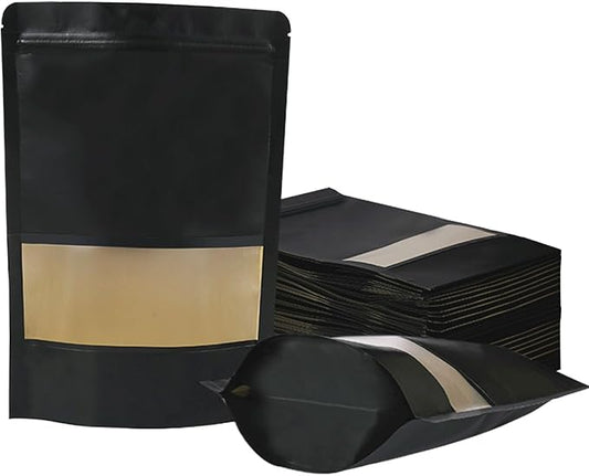 100 PCS Resealable Bags, Stand Up Kraft Paper Bags with Matte Window, Zipper Lock Food Storage Bags for Small Business and Home, 4.7 * 7.8 Inch Reusable Sealable Bags for Packaging -Black