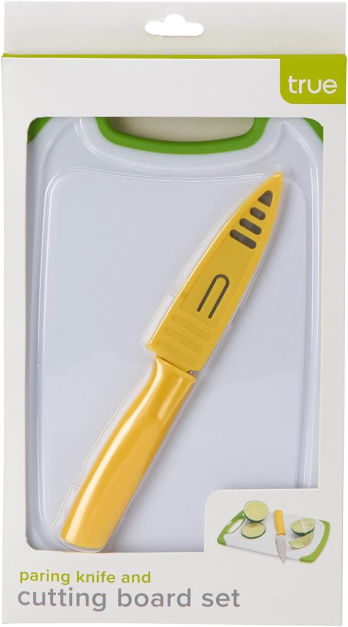 True Small Cutting Board with Stainless Steel Blade Pairing Knife, Non Slip Silicone Grip Plastic Chopping Boards and Knives for Prepping Fruits, Vegetables, Cocktail Ganishes. 2-Piece Set