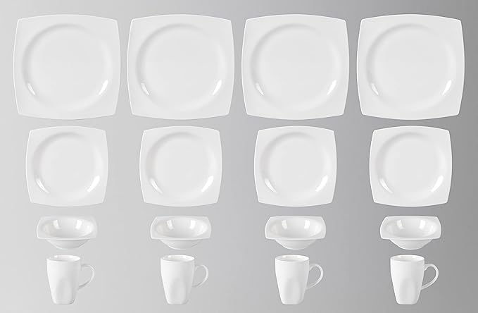 HomeVss, New Bone China Dinnerware Set, Rim Square Shape, 16pc Set