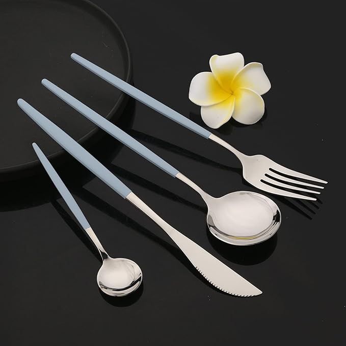 JASHII Flatware Set 24 Piece, Stainless Steel Silverware Set, Macaron Small Fresh Color Cutlery Set, Modern Elegant Tableware Set for Party, Christmas, Dinner (Haze Blue Silver)