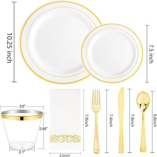 bUCLA 350PCS White and Gold Plastic Plates - Gold Disposable Dinnerware for Include 50 Dinner/Dessert Plates, 50 Forks, 50 Knives, 50 Spoons, 50 Cups & 50 Napkins for Party & Thanksgiving