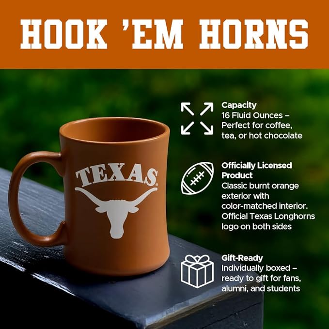 Texas Longhorns Ceramic 16oz Sculpted Mug – Official Team Logo Coffee Cup – Handwash Recommended – Individually Boxed