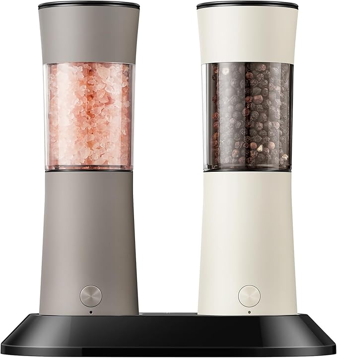 Gravity Electric Salt and Pepper Grinder Set – Rechargeable Pepper Mill with USB-C Charging Base, Dual LED Light, Automatic One-Handed Mill for Kitchen & Cooking, Cream Brown Design, 2 Pack