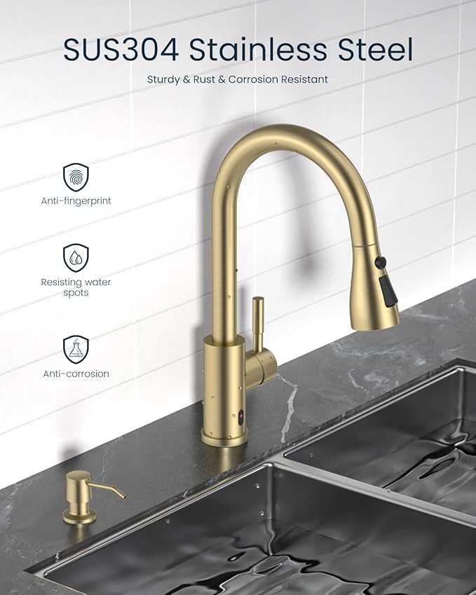 DAYONE Gold Touchless Kitchen Faucet with Soap Dispenser 3-Mode, Brushed Gold Motion Sensor Hands-Free Automatic Sink Faucet with Pull Down, Stainless Steel Single Handle Smart Faucets for Kitchen
